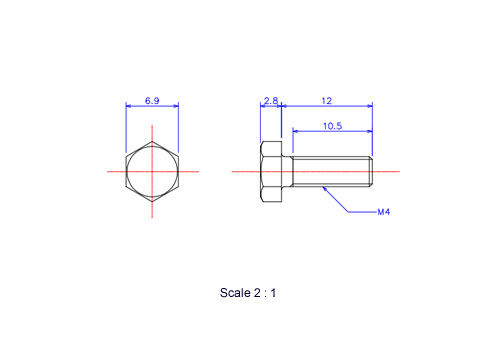 六角ボルトM4x12Lメートルタイプ（図面）