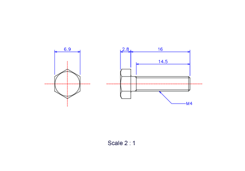 六角ボルトM4x16Lメートルタイプ（図面）