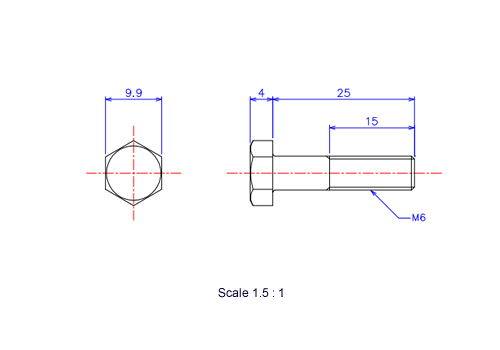 六角ボルトM6x25Lメートルタイプ（図面）