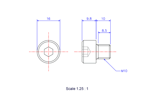 六角穴付ボルトM10x10Lメートルタイプ（図面）