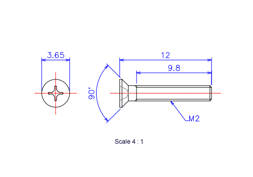 サラ頭ねじM2x12Lメートルタイプ（図面）